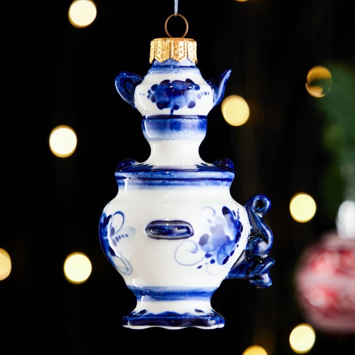 Ёлочная игрушка Ёлочная игрушка "Самовар с чайником", гжель, фарфор, h=10см