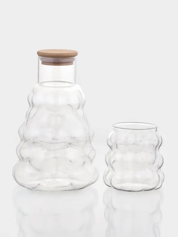 Графин &laquo;Рельеф&raquo;, 1 л, 13&times;24 см, со стаканом 350 мл, с бамбуковой крышкой, стекло, прозрачный