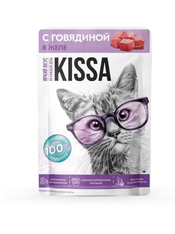 Влажный корм для кошек Kissa, говядина в желе, 75 г