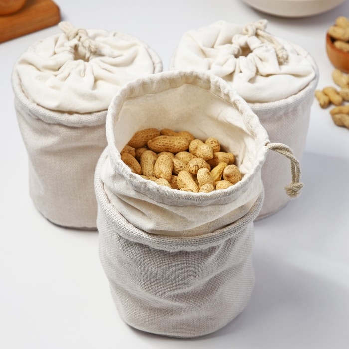 Мешки для хранения сыпучих продуктов, набор 3 шт, лён, 15×13 см, бежевый