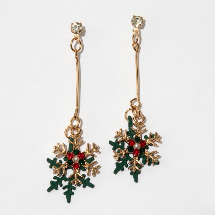 Новый год! Серьги «Две снежинки», цвет красно-зелёный в золоте Новый год! Серьги «Две снежинки», цвет красно-зелёный в золоте