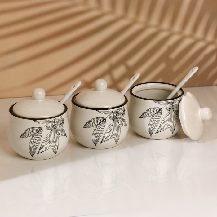 Банки керамические для специй на металлической подставке «Листья», 200 мл, 3 шт Банки керамические для специй на металлической подставке «Листья», 200 мл, 3 шт