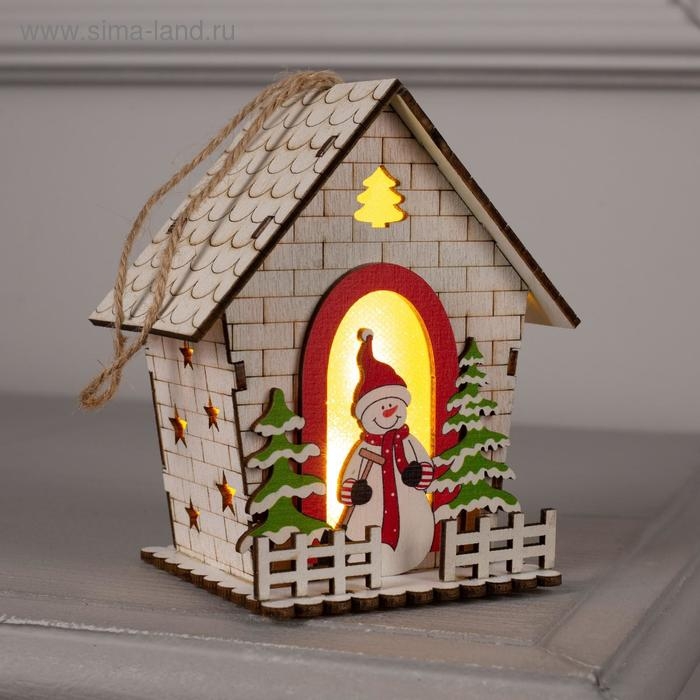 Ёлочная игрушка «Домик со снеговиком», от батареек, свечение тёплое белое Ёлочная игрушка «Домик со снеговиком», от батареек, свечение тёплое белое