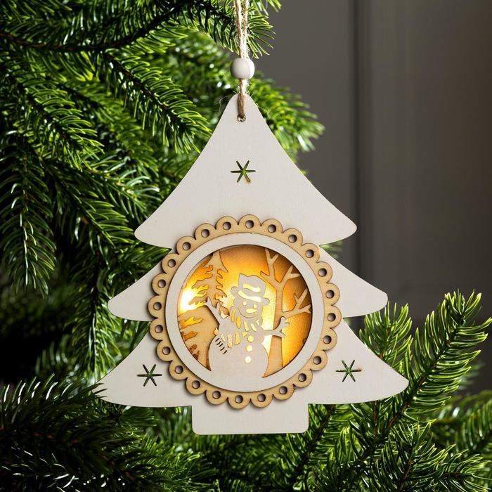 Ёлочная игрушка «Ёлочка со снеговиком», от батареек, свечение тёплое белое Ёлочная игрушка «Ёлочка со снеговиком», от батареек, свечение тёплое белое