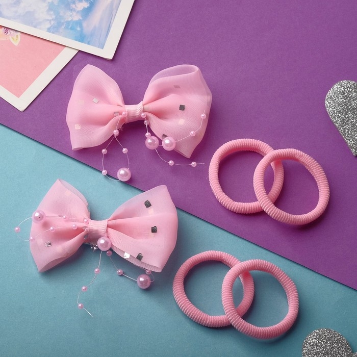 Набор для волос Набор для волос "Карапунька" (2 зажима, 4 резинки) бантик бусины, розовый
