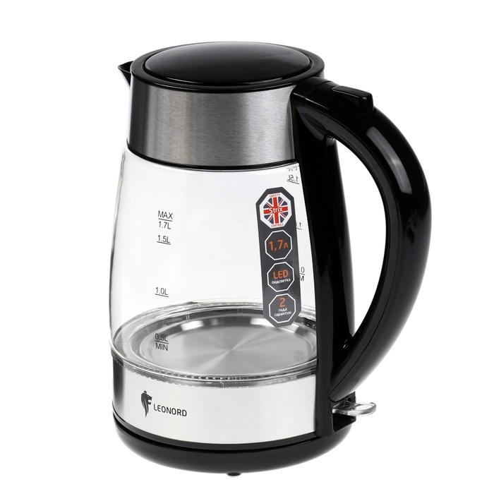 Чайник электрический Leonord LE-1513, стекло, 1.7 л, 2200 Вт, серебристый Чайник электрический Leonord LE-1513, стекло, 1.7 л, 2200 Вт, серебристый