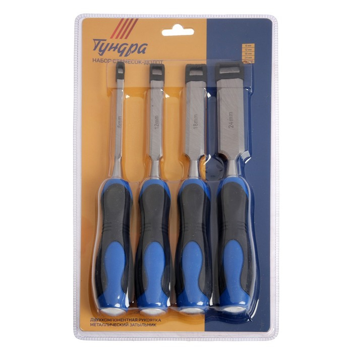 Набор стамесок-долот ТУНДРА, металлический затыльник, 2К рукоятка, 6-12-18-24 мм Набор стамесок-долот ТУНДРА, металлический затыльник, 2К рукоятка, 6-12-18-24 мм