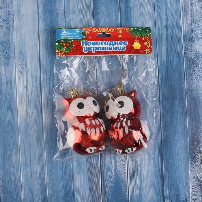 Украшение ёлочное Украшение ёлочное "Сова с большими глазами" (набор 2 шт) 8,5х5 см, красный