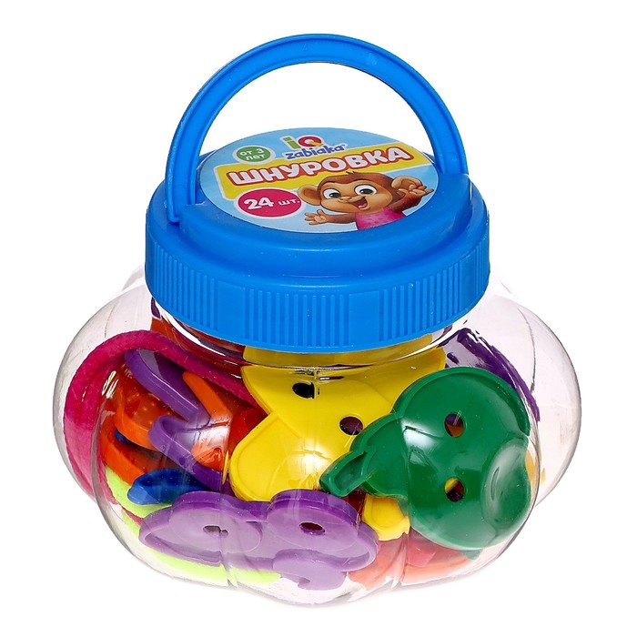 Шнуровка «Весёлые фигурки» в банке, 24 штуки, МИКС, по методике Монтессори Шнуровка «Весёлые фигурки» в банке, 24 штуки, МИКС, по методике Монтессори