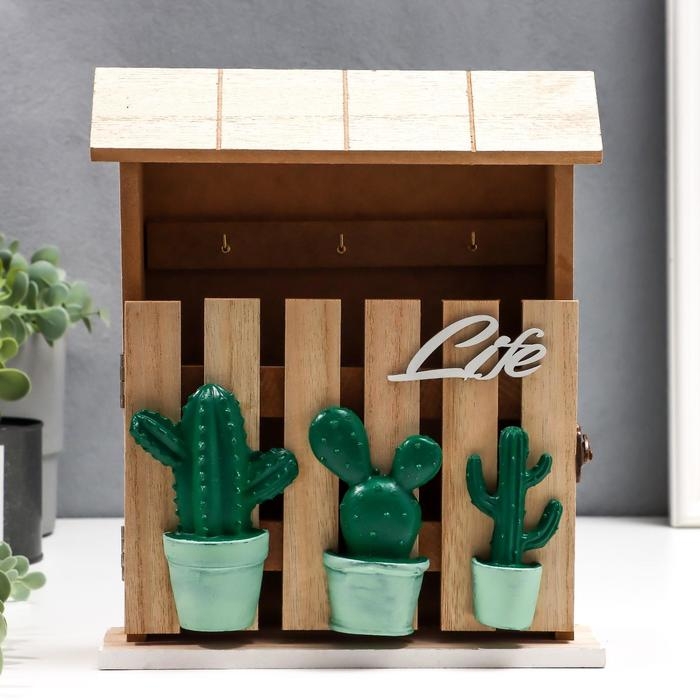 Ключница дерево 6 крючков Ключница дерево 6 крючков "Кактусы в горшочках. Home" 26,8х21,7х6 см