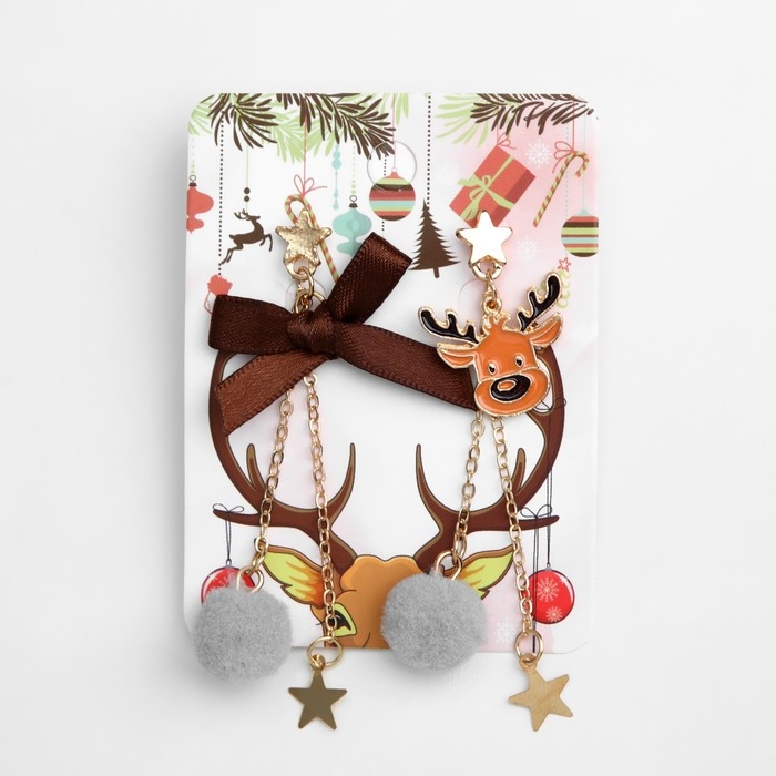 Новый год! Серьги «Помпон» олень и бант, цветные в золоте Новый год! Серьги «Помпон» олень и бант, цветные в золоте