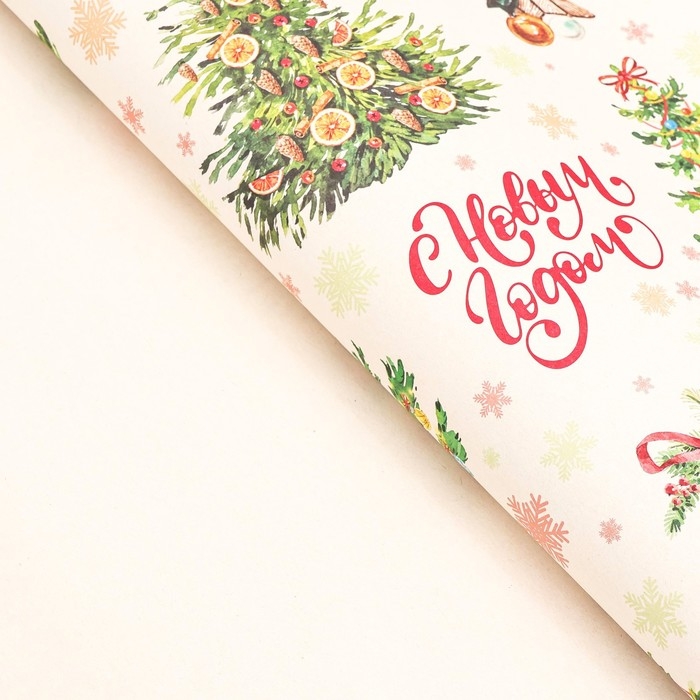 Новый год. Бумага упаковочная новогодняя крафт белый Новый год. Бумага упаковочная новогодняя крафт белый " Лес", 70 х 100 см.