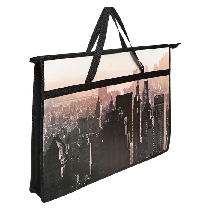 Папка А3 с ручками, пластик, молния сверху 50 мм, 470 х 335 мм, ПМ-А3-26, Папка А3 с ручками, пластик, молния сверху 50 мм, 470 х 335 мм, ПМ-А3-26, "Город" серый