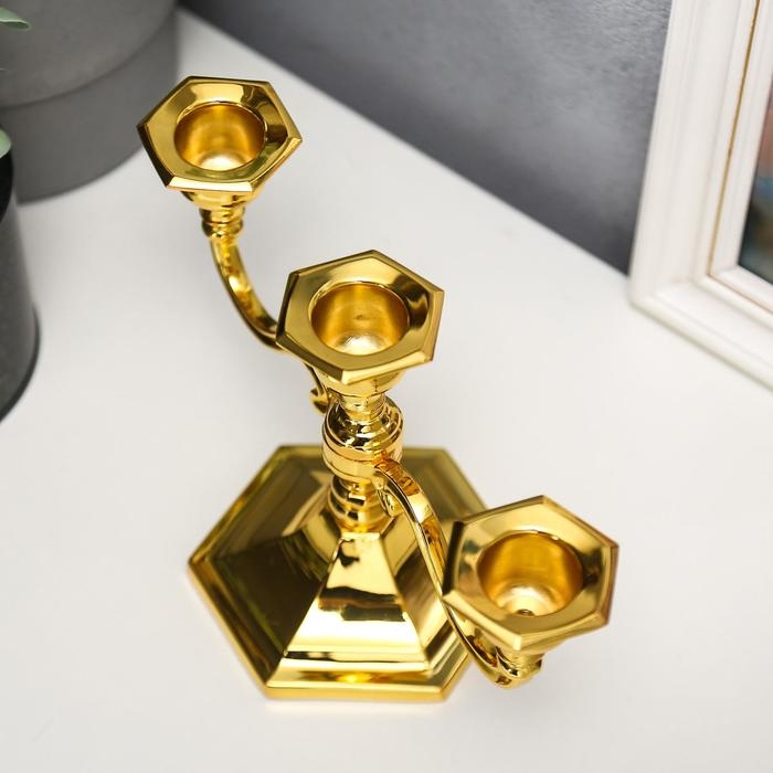 Подсвечник металл на 3 свечи  Подсвечник металл на 3 свечи "Чёткие линии" цвет золото 12,5х21,5х10 см