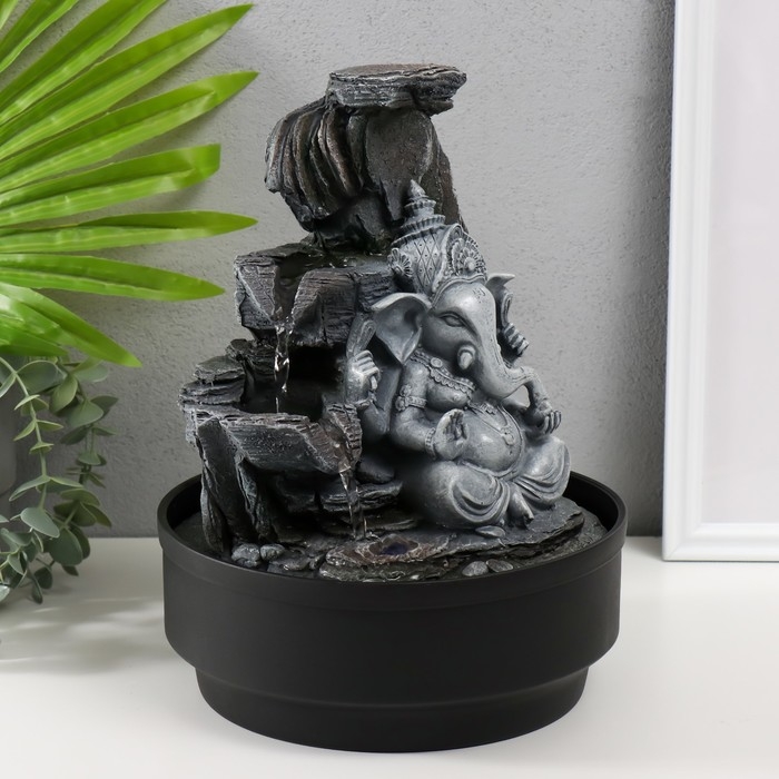 Фонтан настольный от сети, подсветка Фонтан настольный от сети, подсветка "Серый Ганеша в каменном гроте" 21х21х28 см