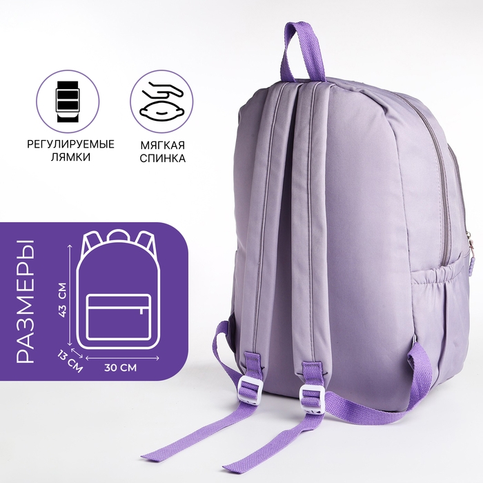 Рюкзак школьный из текстиля 2 отдела на молнии, 3 кармана, цвет сиреневый Рюкзак школьный из текстиля 2 отдела на молнии, 3 кармана, цвет сиреневый