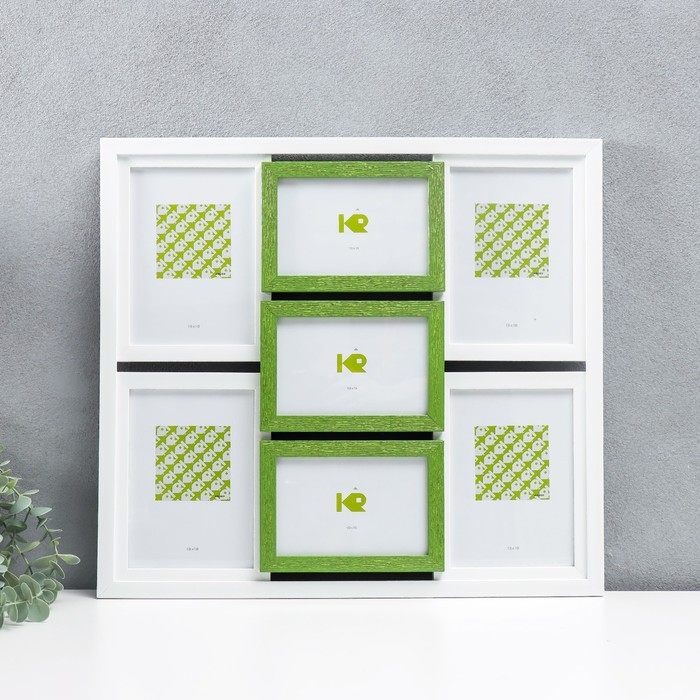 Фоторамка пластик на 7 фото  Фоторамка пластик на 7 фото "KRUZO", цв. белый с зелеными вставками