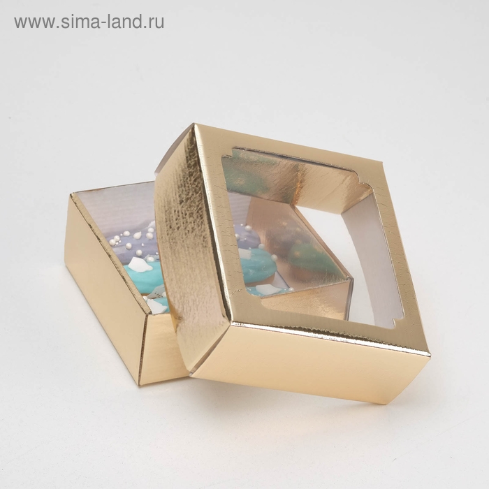 Коробка сборная, крышка-дно, с окном, золотая, 14,5 х 14,5 х 6 см Коробка сборная, крышка-дно, с окном, золотая, 14,5 х 14,5 х 6 см