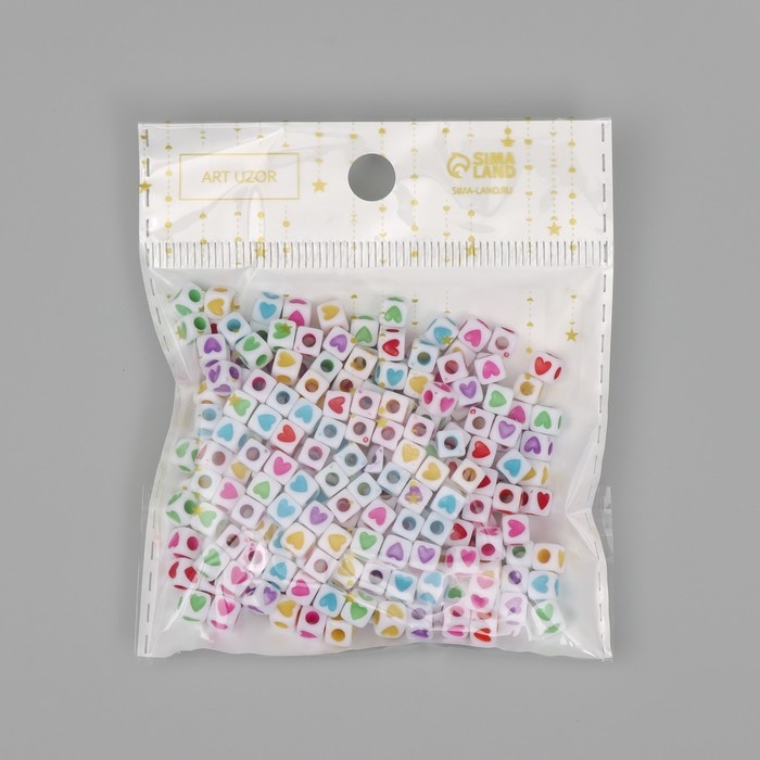 Бусины для творчества пластик Бусины для творчества пластик "Куб цветные сердца" набор 20 гр 0,4х0,4 см