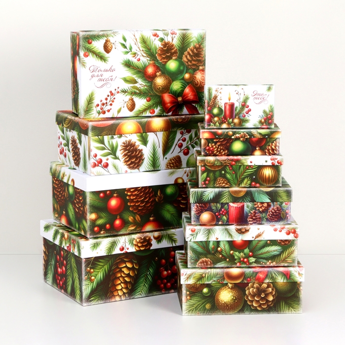Набор подарочных новогодних коробок 10 в 1 Набор подарочных новогодних коробок 10 в 1 "Ёлочные игрушки", 32,5 х 20 х 12,5 - 12 х 7 х 4 см. Новый год
