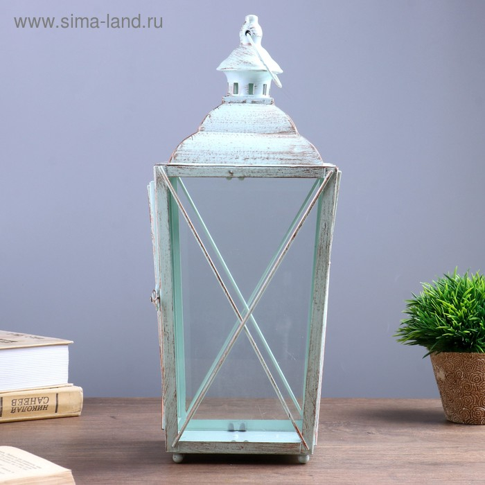 Подсвечник металл, стекло "Фонарик" голубой с патиной набор 2 шт 28х12х12; 38х16х15 см