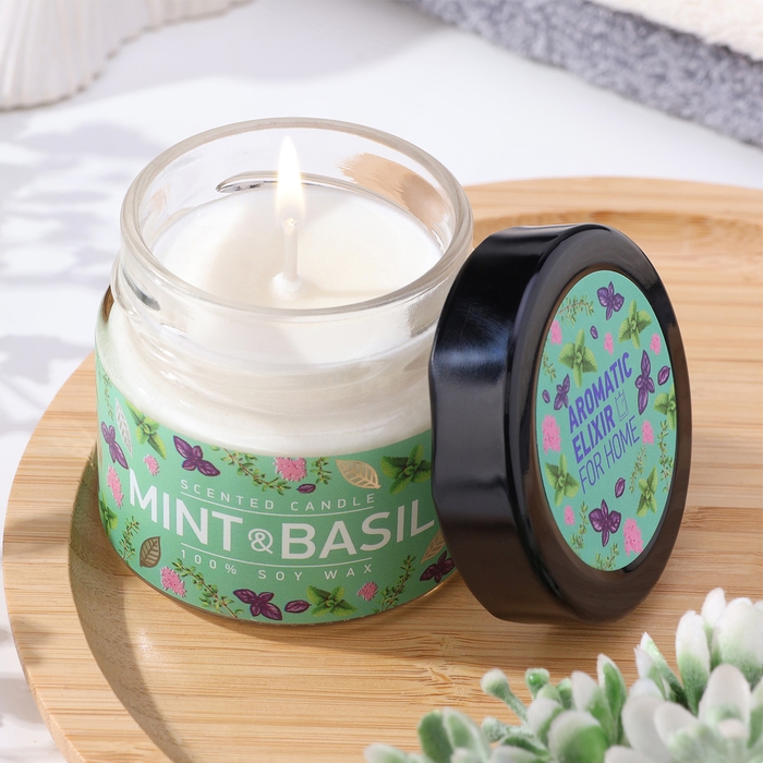 Свеча ароматическая в банке  Свеча ароматическая в банке "Базилик и мята ", совый воск, 80 г