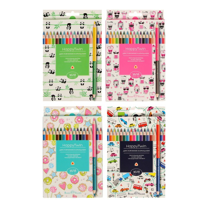 Карандаши цветные 36 цветов 18 штук Twincolor Happy, МИКС Карандаши цветные 36 цветов 18 штук Twincolor Happy, МИКС