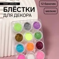 Блёстки для декора, мелкие, набор 12 баночек, в пластиковом органайзере, разноцветные