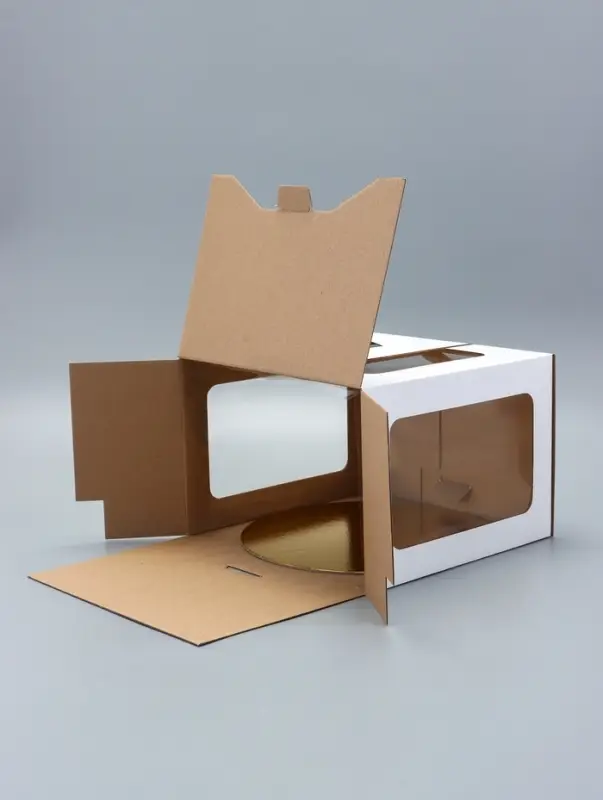 Коробка под торт 2 окна, с ручками, белая, + подложка 2.5 золото - белый, 24&times;24&times;20 см