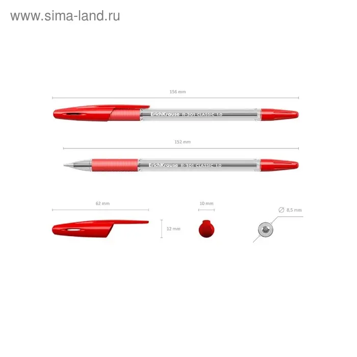 Ручка шариковая ErichKrause R-301 Classic Stick & Grip, узел 1.0 мм, чернила красные, резиновый упор, длина линии письма 800 метров