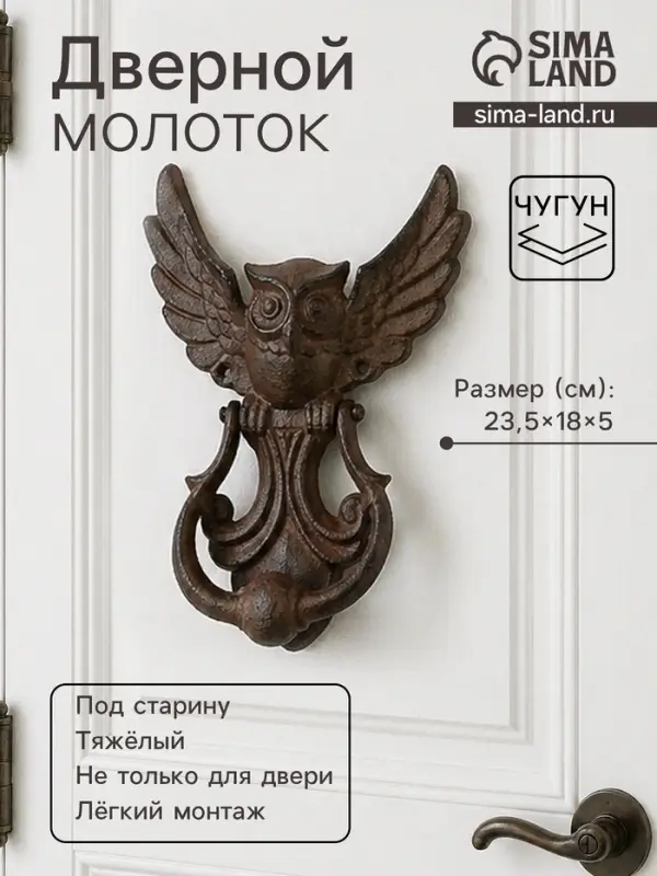 Дверной молоток для входной двери &laquo;Летящая сова&raquo;, чугун, 23.5&times;18&times;5 см