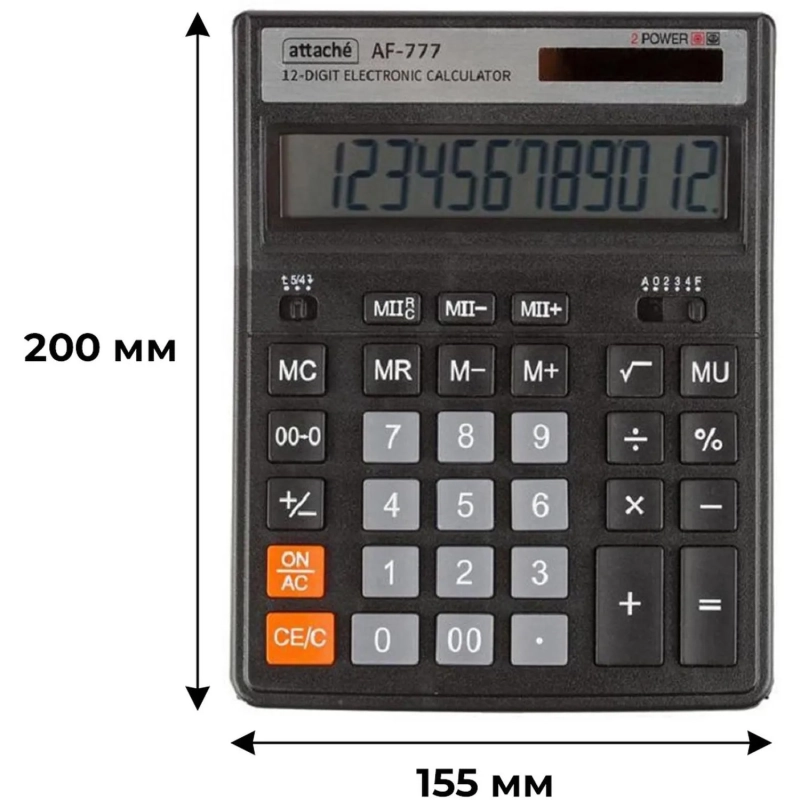 Калькулятор настольный ПОЛН/Р Attache AF-777,12р,дв.пит,200x155мм, черный