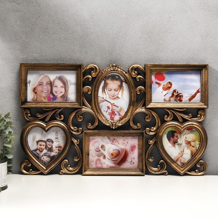 Фоторамка пластик на 6 фото 10х15, 10х10 см  Фоторамка пластик на 6 фото 10х15, 10х10 см "Завитки" золото 31,5х53 см