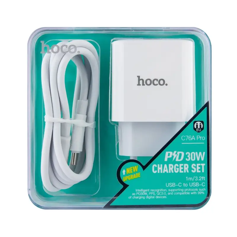 Сетевое зарядное устройство с кабелем Type-C на Type-C PD30W C76A Pro HOCO белое
