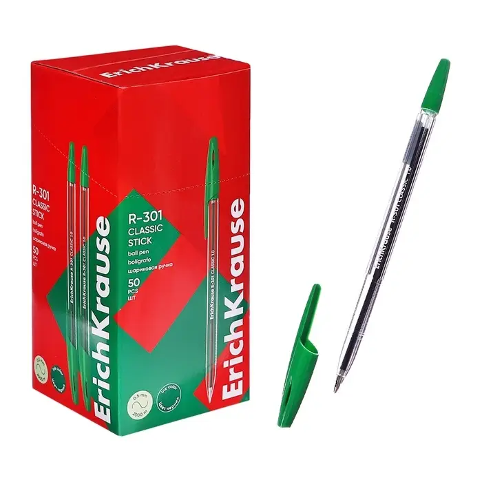 Ручка шариковая Erich Krause R-301 Classic Stick, узел 1.0 мм, чернила зелёные, длина линии письма 2000 метров, штрихкод на ручке