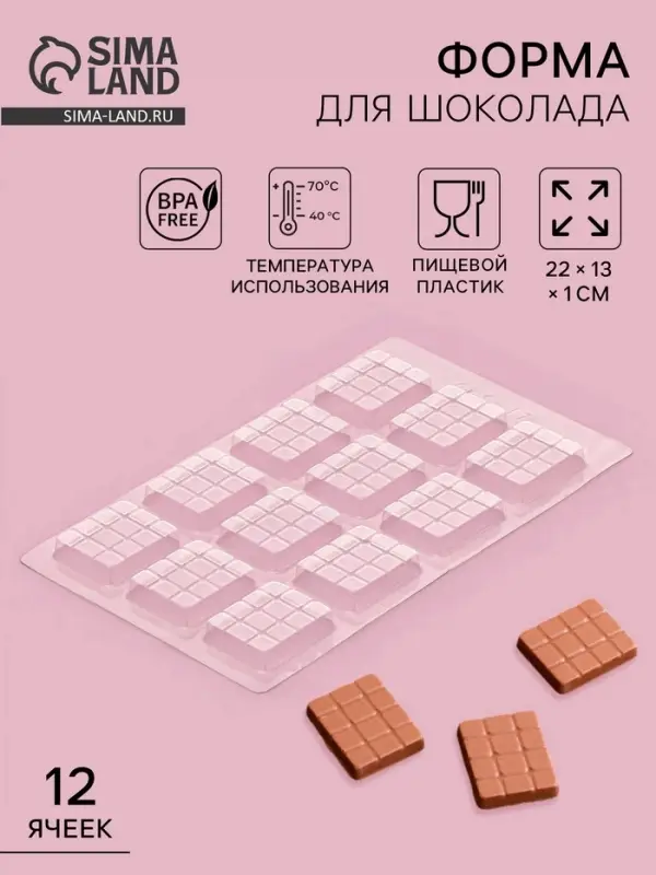 Форма для шоколада и конфет &laquo;Мини плитка&raquo;, пластик, 22&times;13&times;1 см, 12 ячеек (3.5&times;4 см), прозрачная