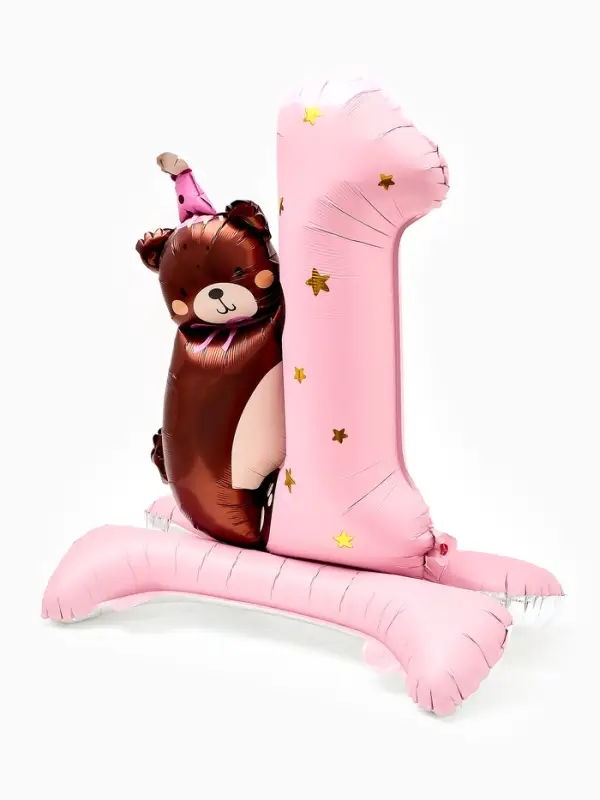 Воздушный шар фольгированный 32" "Цифра 1 с мишкой"  цвет розовый, под воздух