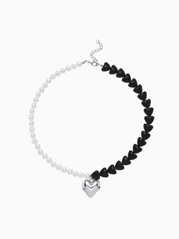Бусы с жемчугом «Сердце» бусины, чёрно-белый в серебре