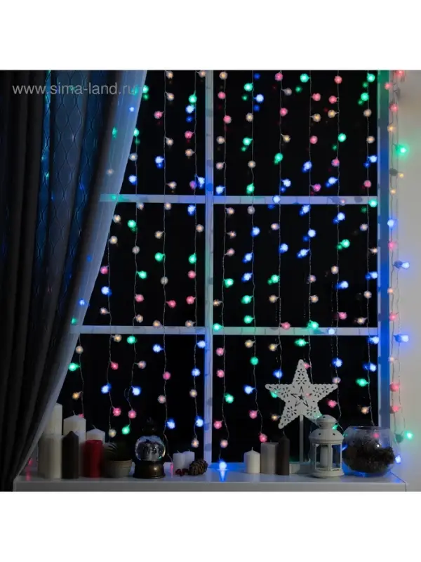 Гирлянда &laquo;Занавес&raquo; 2&times;1.5 м с насадками &laquo;Ёжики&raquo;, IP20, прозрачная нить, 360 LED, свечение мульти, 8 режимов, 220 В