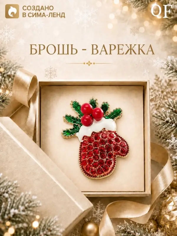 Брошь новогодняя &laquo;Варежка с еловыми ветками&raquo;, цветная в золоте