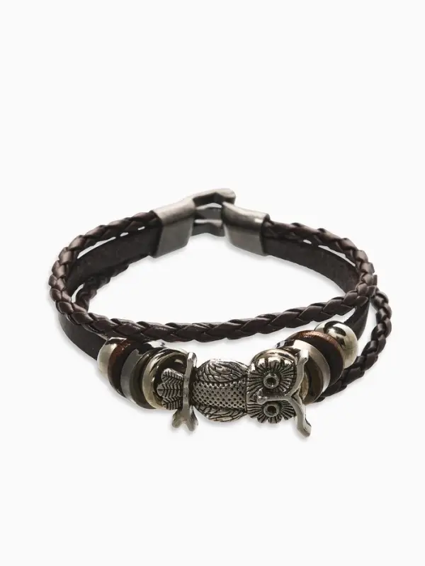 Браслет кожаный &laquo;Совушка&raquo;, L=20 см, коричневый в чернёном серебре