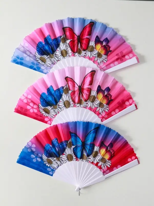 Веер пластик, текстиль Веер пластик, текстиль "Ромашки и бабочки" МИКС широкие лопасти 23 см