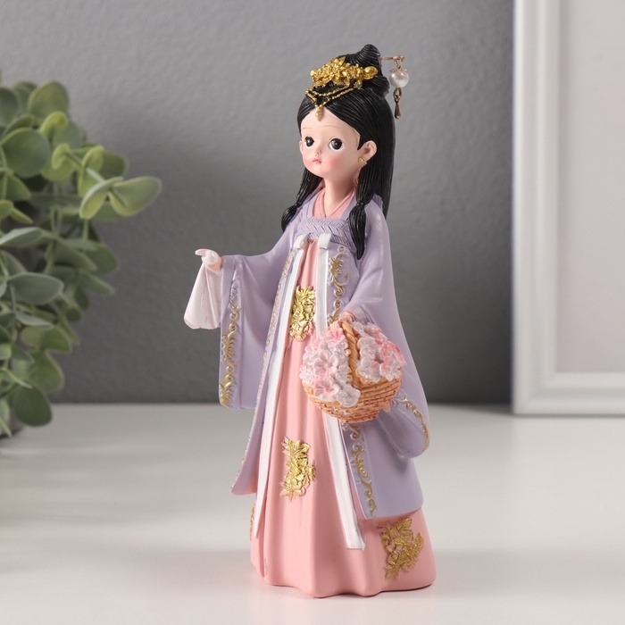 Сувенир полистоун  Сувенир полистоун "Девочка в кимоно с платочком и корзиной цветов" розовый 5х7,5х18 см