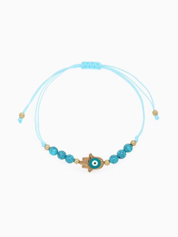 Браслет-оберег «Глазик» на нити, рука Хамса, цвет голубой в золоте Браслет-оберег «Глазик» на нити, рука Хамса, цвет голубой в золоте