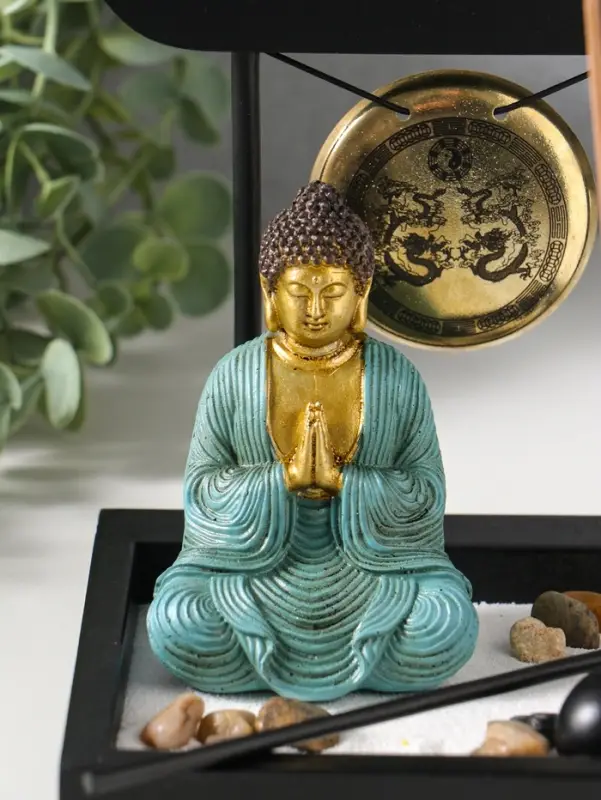 Сад Дзен "Будда в бирюзовом у гонга" песок+камни+аромапалочки 13,2х15х16 см