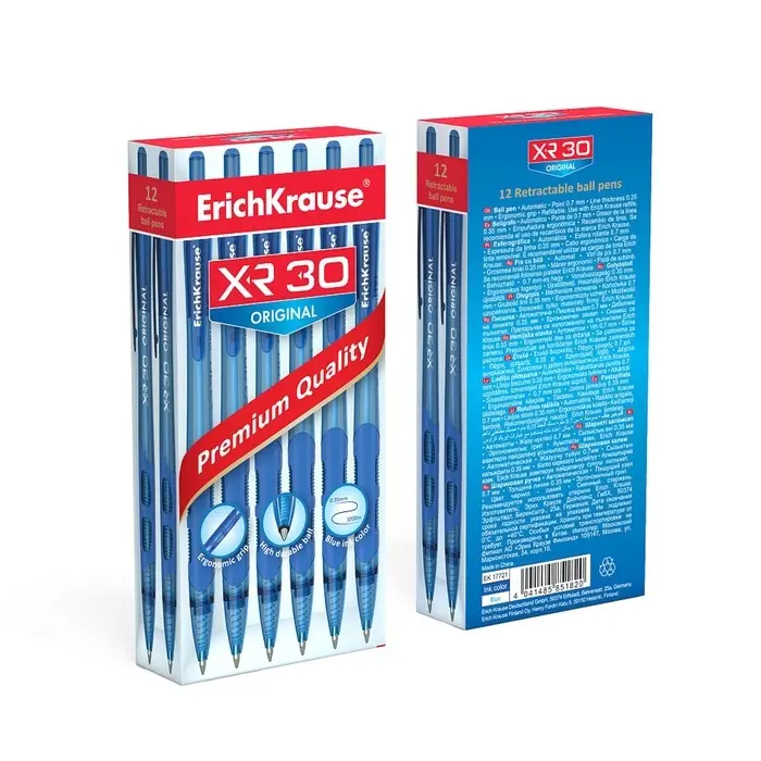 Ручка шариковая автоматическая ErichKrause XR-30, узел 0.7 мм, чернила синие, резиновый держатель, длина линии письма 1000 метров Ручка шариковая автоматическая ErichKrause XR-30, узел 0.7 мм, чернила синие, резиновый держатель, длина линии письма 1000 метров