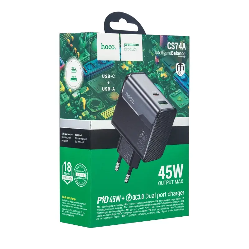 Переходник сетевого зарядного устройства на Type-C PD45W + USB QC3.0  CS74A HOCO черный