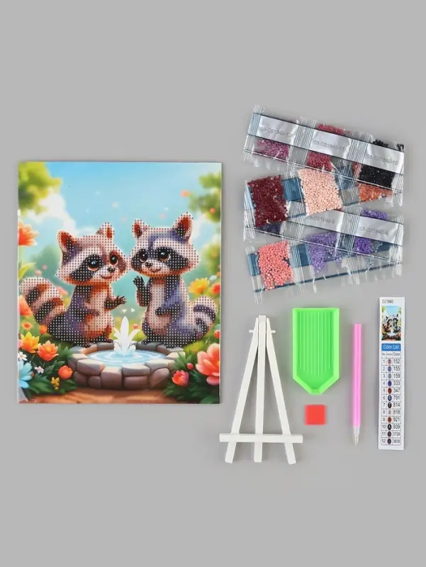 Алмазная мозаика &laquo;Еноты в саду&raquo; 21&times;25 см, с мольбертом