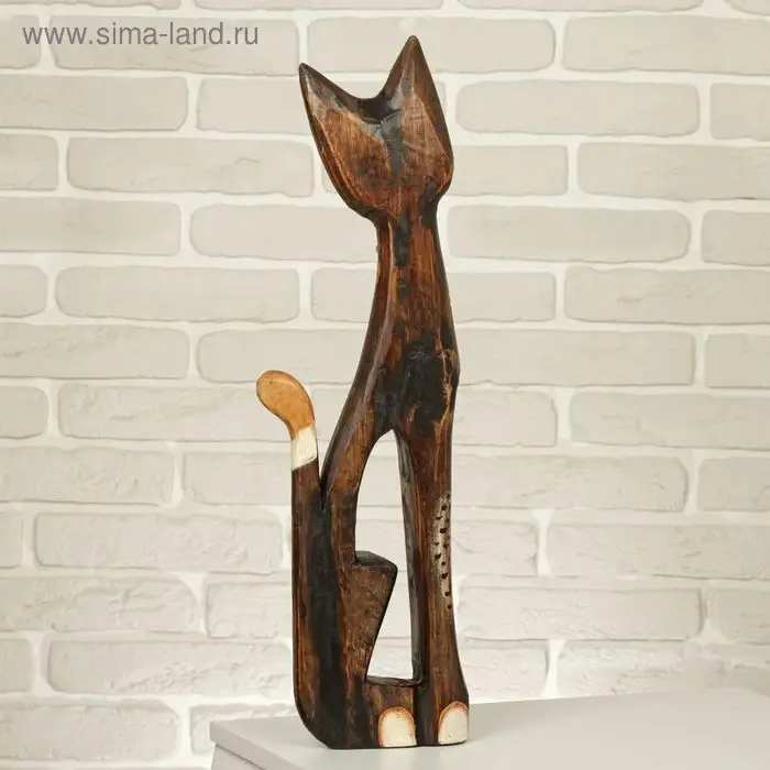 Сувенир дерево "Кошка в ошейнике из камней и с расписным цветком" 60х12х6 см