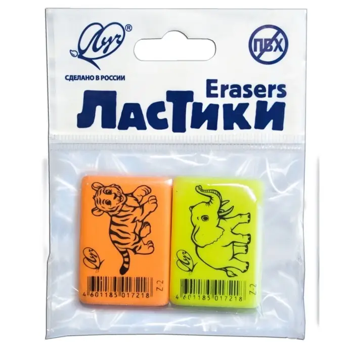 Набор ластиков 2 штуки Луч Набор ластиков 2 штуки Луч "ZOO", термопластичная резина (35 х 25 х 8 мм), МИКС